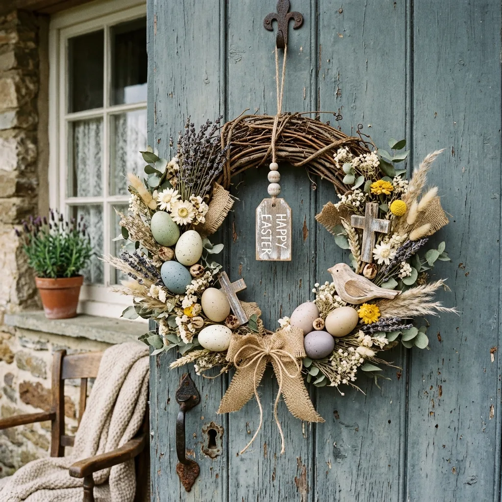 Vintage rustic Easter egg wreath with dried flowers